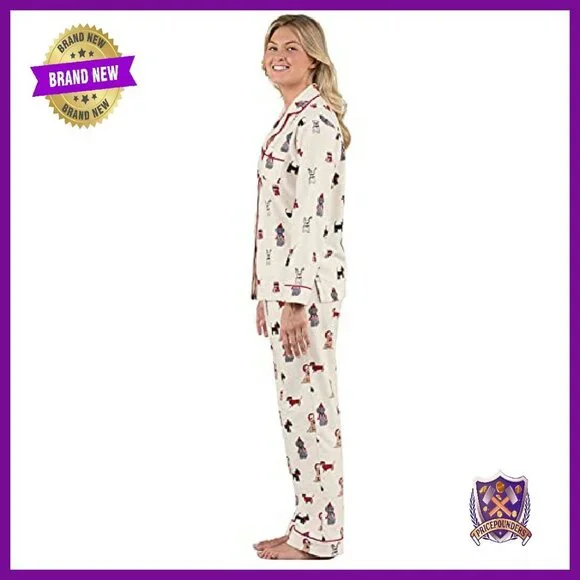 Women's Flannel Pajama Set Long Sleeve Button Down Top Elastic Waist Pants - Picture 4 of 8